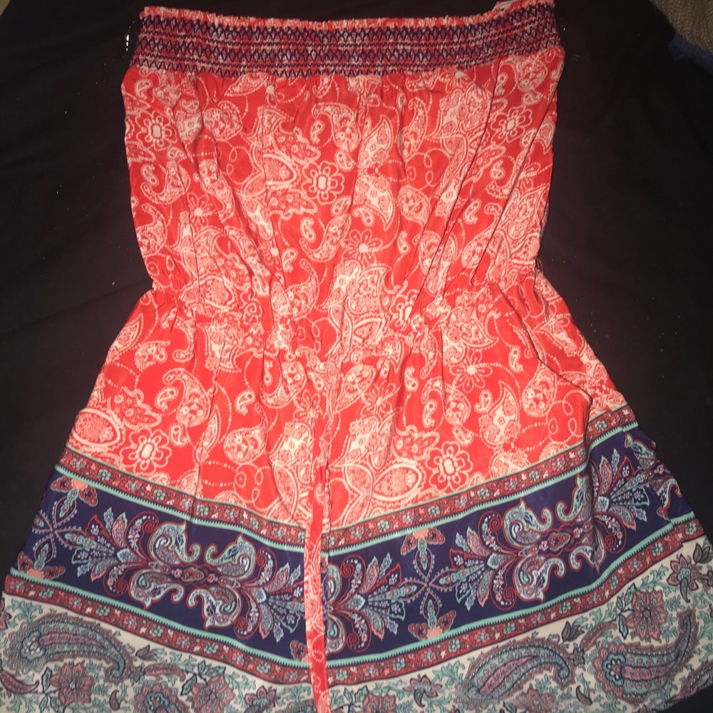 Red Junior Smocked Paisley Strapless Romper